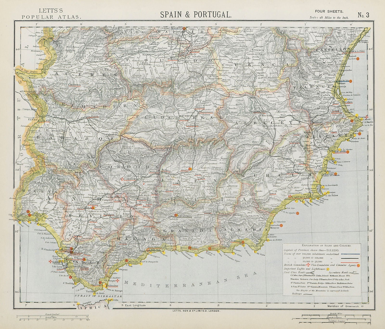 SOUTHERN SPAIN SOUTH Railways Lighthouses British Consulates. LETTS 1884 map